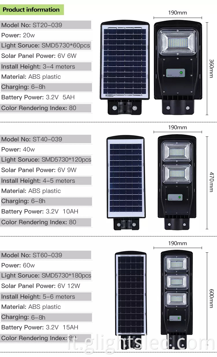 Cina prezzo di fabbrica IP65 esterno impermeabile smd ABS tutto in uno integrato 20w 40w 60w led lampione solare